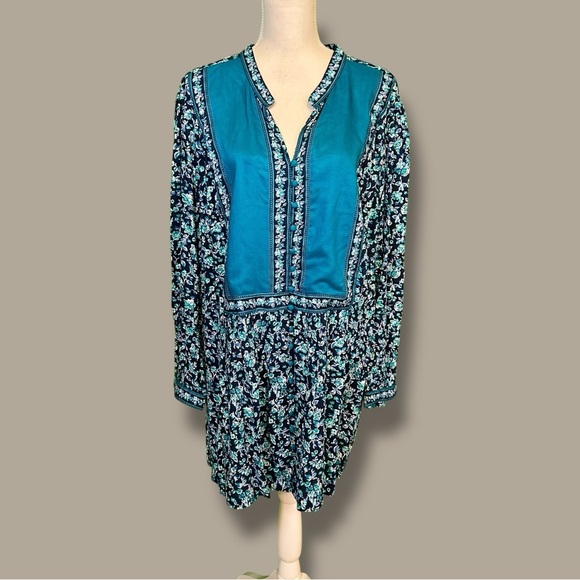 NWT Woman Within ‘Plus Size Button-Front Mixed Print Tunic’ in Teal/Navy Floral - Picture 1 of 15